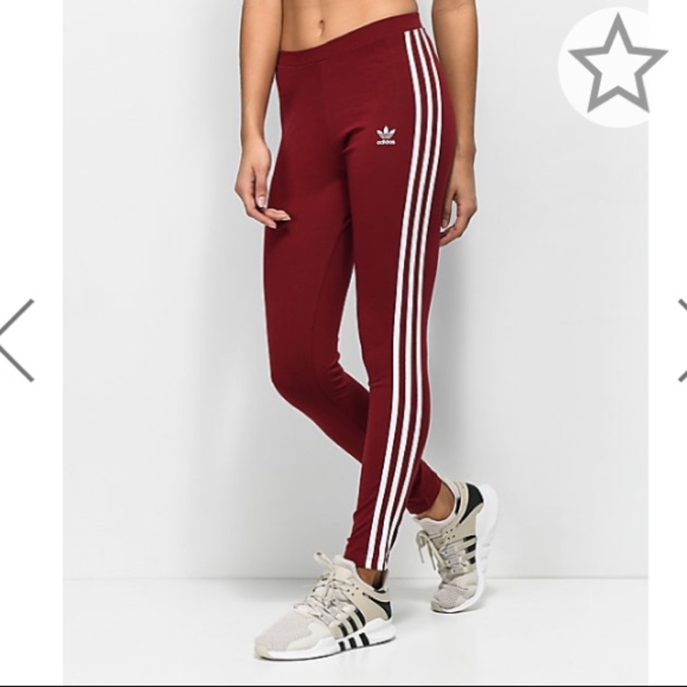 Red three stripe Adidas leggings